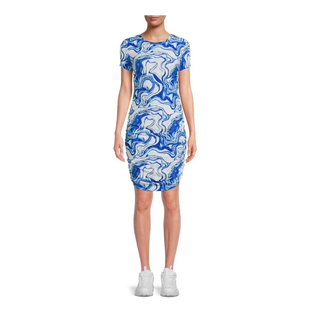 No Boundaries 90s Retro Blue Marble Print Side Ruched Fitted White Dress